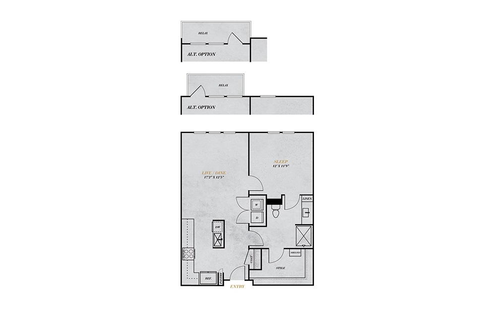 A3 - 1 bedroom floorplan layout with 1 bath and 738 square feet.