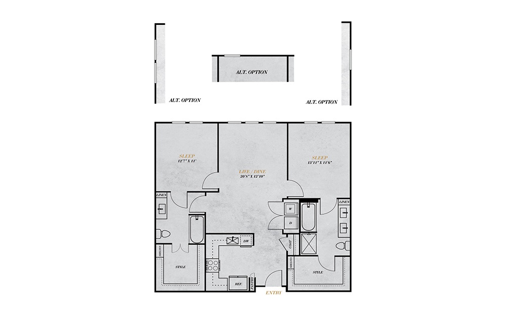 B2 - 2 bedroom floorplan layout with 2 baths and 1139 square feet.