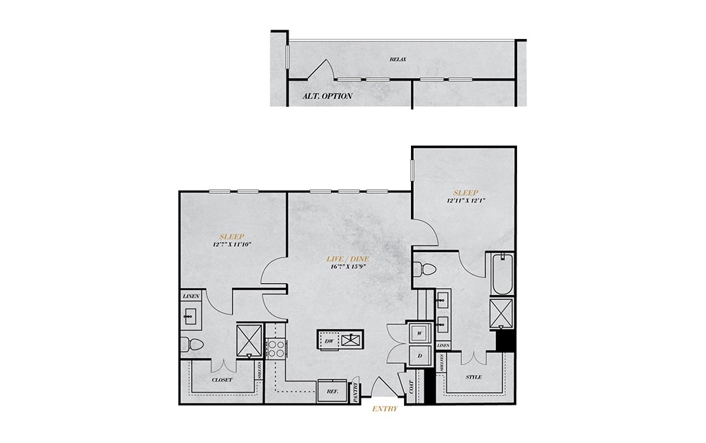 B3 - 2 bedroom floorplan layout with 2 baths and 1173 square feet.