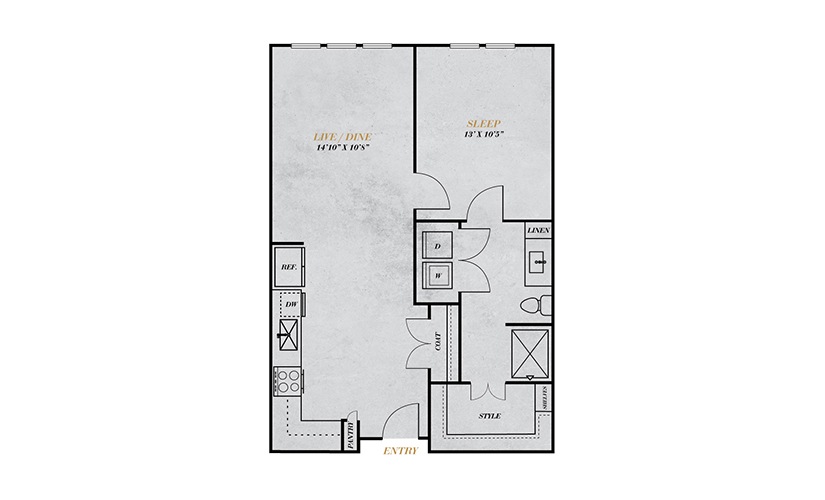 A2 - 1 bedroom floorplan layout with 1 bathroom and 688 square feet