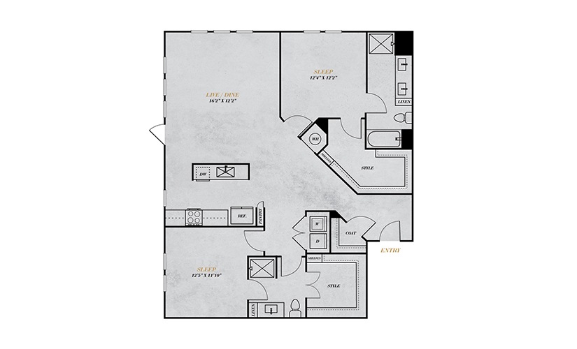 B4 - 2 bedroom floorplan layout with 2 bathrooms and 1415 square feet