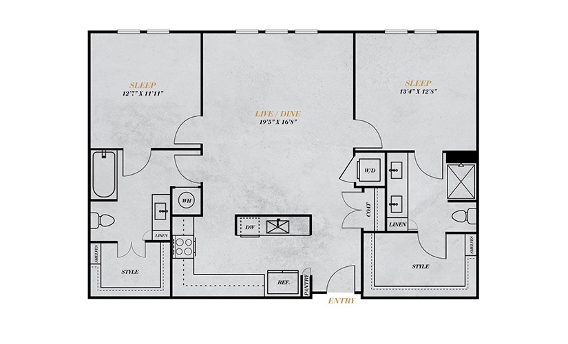 B5 - 2 bedroom floorplan layout with 2 bathrooms and 1253 square feet